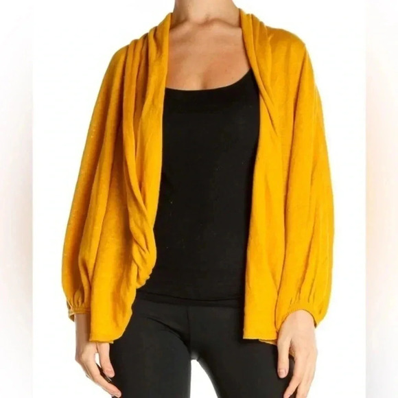 Anthropologie Moth Mustard Gold Linen Open Front Long Sleeve Cardigan Size Small - Picture 1 of 4